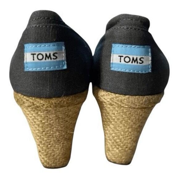 TOMS Shoes Women Size 6.5 Grey Canvas Peep Toe Slip On Espadrille Wedges Pumps - Picture 6 of 11